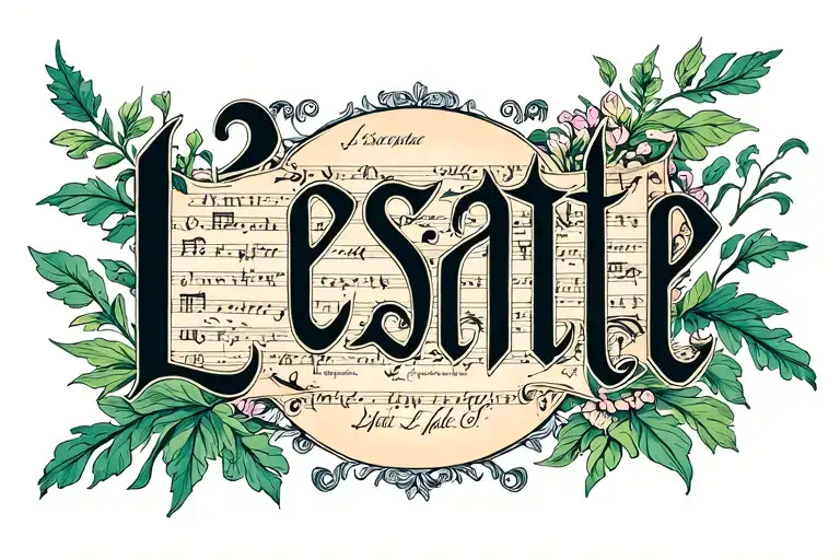 Art Nouveau-style "L'estate" inscription with plants and notes. tattoo design idea