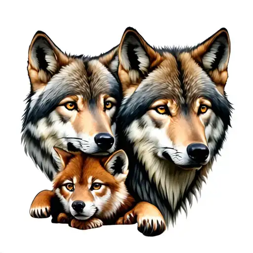 male and female wolf heads, with their cub laying underneath them tattoo design idea