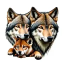 male and female wolf heads, with their cub laying underneath them tattoo design idea
