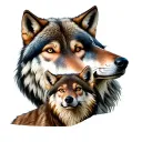 male and female wolf heads, with their cub laying underneath them tattoo design idea