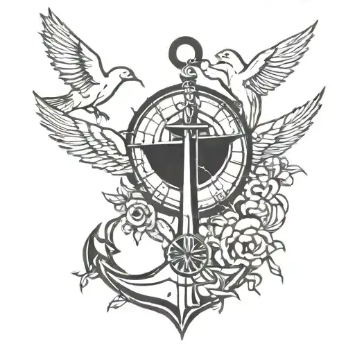 anchor and compass and birds flying tattoo design idea