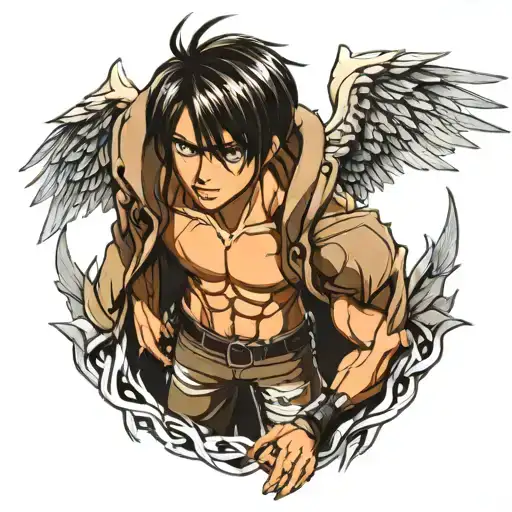 Eren Yeager with wings**: - An image of Eren in his titan transformation, with wings fluttering behind him. Around him tattoo design idea