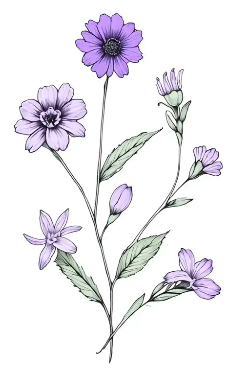 one violet flower, one honeysuckle flower, one marigold flower, and three paperwhite flowers tattoo design idea