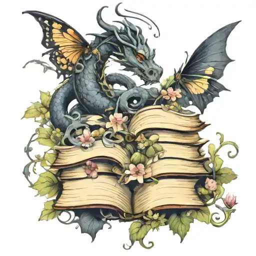piled books open imagination flowing upward  dragon with butterflies flowers and vines curling out below dark muted  tattoo design idea