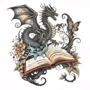 piled books open imagination flowing upward  dragon with butterflies flowers and vines curling out below dark muted  tattoo design idea
