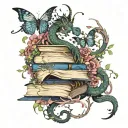 piled books open imagination flowing upward  dragon with butterflies flowers and vines curling out below dark muted  tattoo design idea