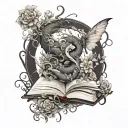 piled books open imagination flowing upward  dragon with butterflies flowers and vines curling out below dark muted  tattoo design idea