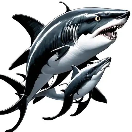 we have a strong bond with my brother and my father : i would like with 3 sharks and below each one a dolphin shadow  tattoo design idea