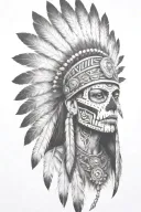 aztec warrior girl, skeletal fierce face, crown skull, geometric patterns feathers, spirituality, afterlife, death tattoo design idea