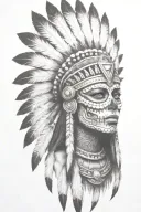 aztec warrior girl, skeletal fierce face, crown skull, geometric patterns feathers, spirituality, afterlife, death tattoo design idea