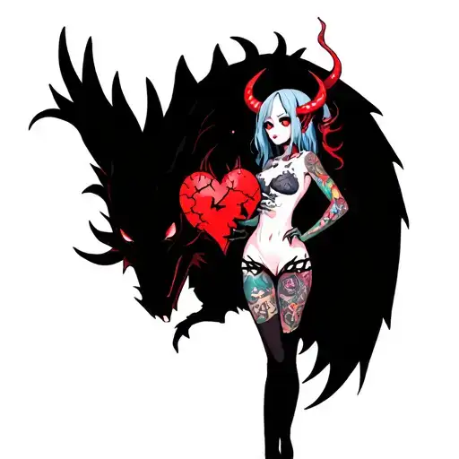 tattooed anime demon girl holding a shattered heart surrounded by a voodoo black dragon tattoo design idea
