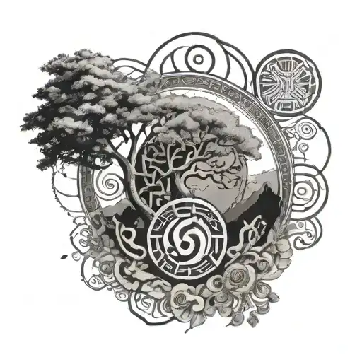 tree of life with yin yang symbol and geometric shapes and greek ruins inn background tattoo design idea
