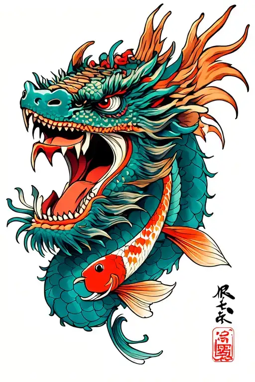 samurai mask Staying up A dragon with mouth open and a koi fish tattoo design idea