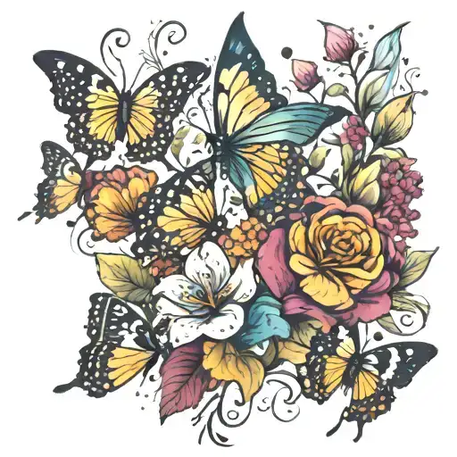A beautiful bouquet of flowers with butterflies fluttering around, symbolizing the beauty and fragility of life tattoo design idea