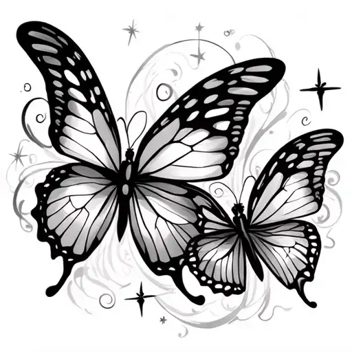 2-3 stylized Butterflies facing the front and 1 facing the side, surrounded by wisps and stars tattoo design idea