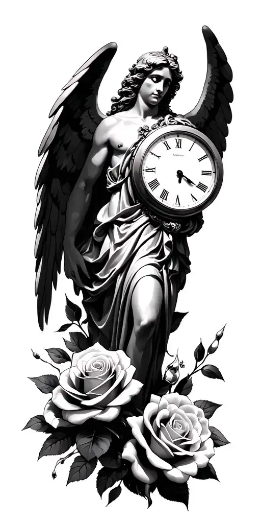 Archangel Michael, roses, clock, lipstick tattoo design idea