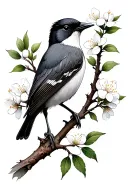 black and grey shrike bird with curved beak on a hawthorn tree branch with white flowers tattoo design idea