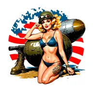 WWII pinup posing on WWII bomb, vintage swimsuit, combat boots, army helmet with goggles, blonde windblown tattoo design idea