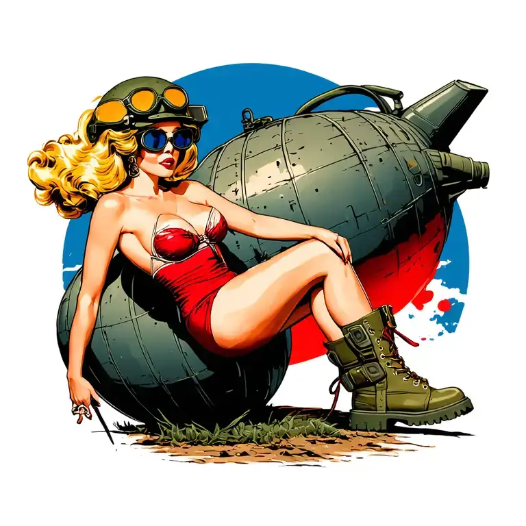 WWII pinup posing on WWII bomb, vintage swimsuit, combat boots, army helmet with goggles, blonde windblown tattoo design idea