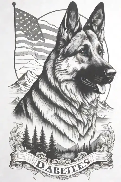 German shepherd American flag mountain scene saying "diabetes" tattoo design idea