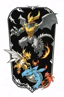 pokemon and mainline video game characters battling in the form of heaven and hell tattoo design idea