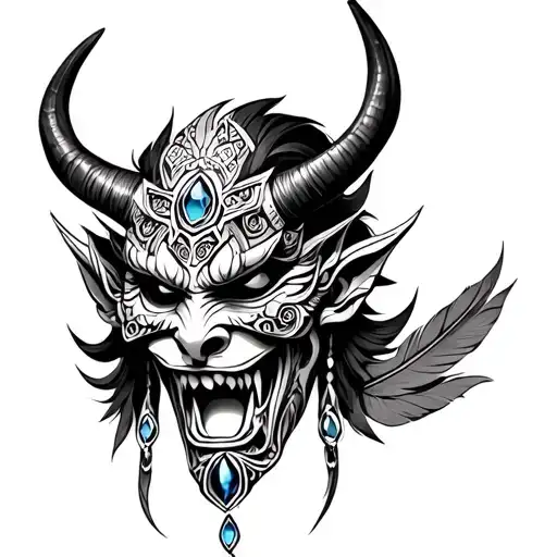 Biomech totem mask Demon face, jewel navel, horns, feathers, mandala sides. Black & grey. tattoo design idea