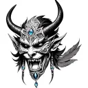 Biomech totem mask Demon face, jewel navel, horns, feathers, mandala sides. Black & grey. tattoo design idea