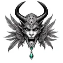 Biomech totem mask Demon face, jewel navel, horns, feathers, mandala sides. Black & grey. tattoo design idea