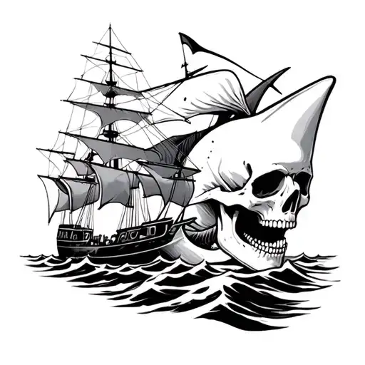 skull, ship and shark tattoo design idea