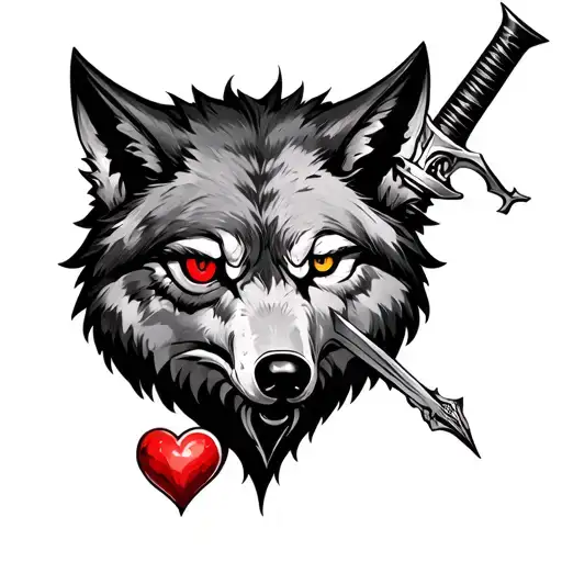 wolf head with a heart as one eye and a dagger going through heart tattoo design idea