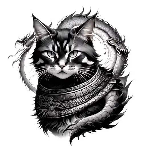 Can you draw me a black ink tattoo of a realistic samurai cat with an asian dragon around his shoulder that goes up? tattoo design idea