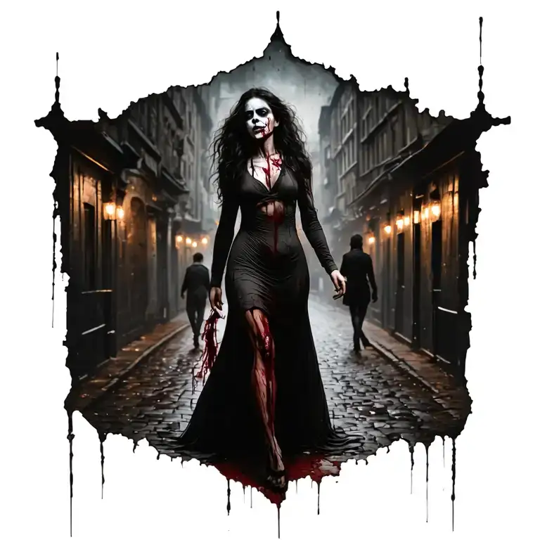 woman bloody full body people b jack the ripper walking away tattoo design idea