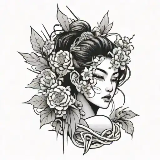 Japanese manga with flowers and lines tattoo design idea