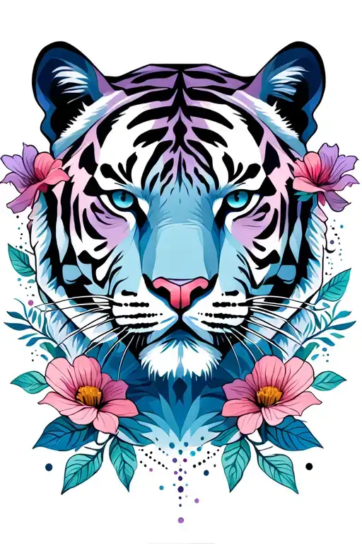 realistic neutral tiger face with flowers surrounding, leaves, dots and lines in blue, violet, pink colour tattoo design idea