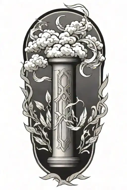 hebrew pillar of fire and pillar of cloud background and in the front is a torah scroll and olive branches tattoo design idea
