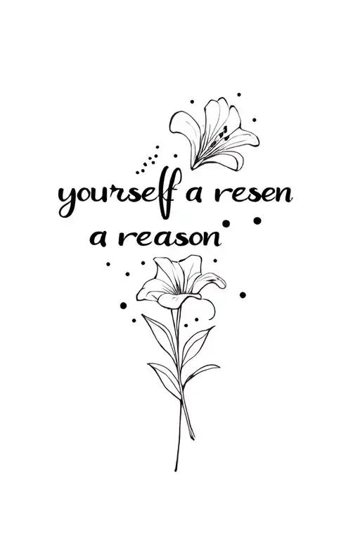 "give yourself a reason " the words "give yourself a reason" as a spine tattoo featuring a lilly with dots, lines and leaves, dainty and fine linw tattoo design idea