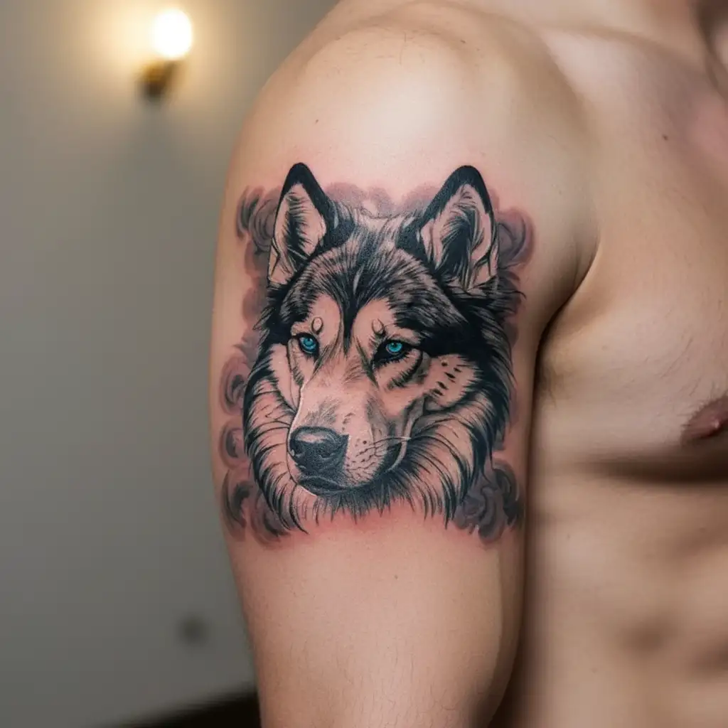 half golden retriever face (brown eye) half husky face (blue eye) tattoo design idea