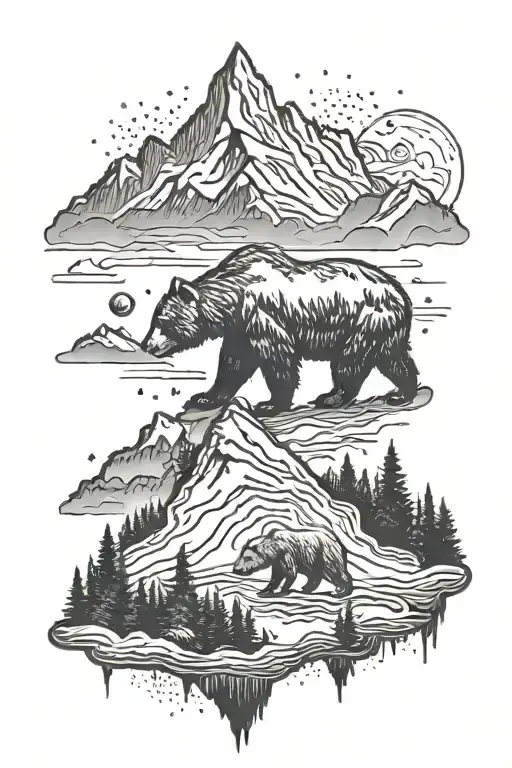 Mountains on top with a forest below with a bear walking tattoo design idea