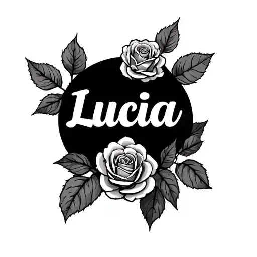 the name lucia with rose bush around the name  tattoo design idea