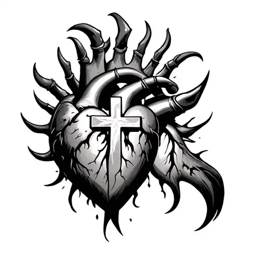 chest tattoo where bear claw ripping skin to open access heart: heart is cardiac structure with a christian cross inside tattoo design idea