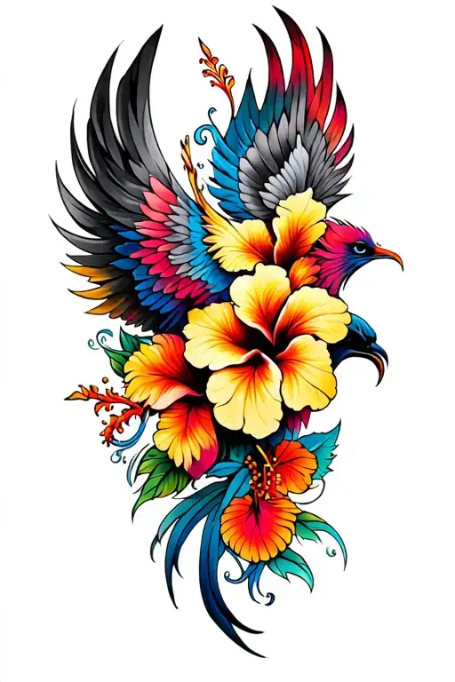 psychedelic hibiscus flowers and phoenix tattoo design idea
