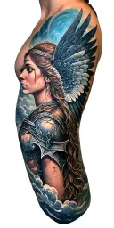 age of discovery, norse Valkyrie, clouds, rays, a cross,  tattoo design idea
