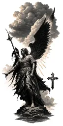 age of discovery, norse Valkyrie, clouds, rays, a cross,  tattoo design idea