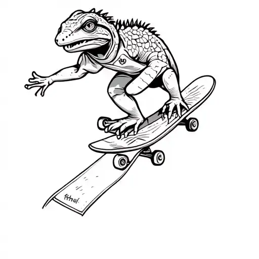A LIZARD WEARING A COOL SUNFLOWER HAWAIIN SHIRT, DOING A CASPER SLIDE ON A SKATEBOARD tattoo design idea