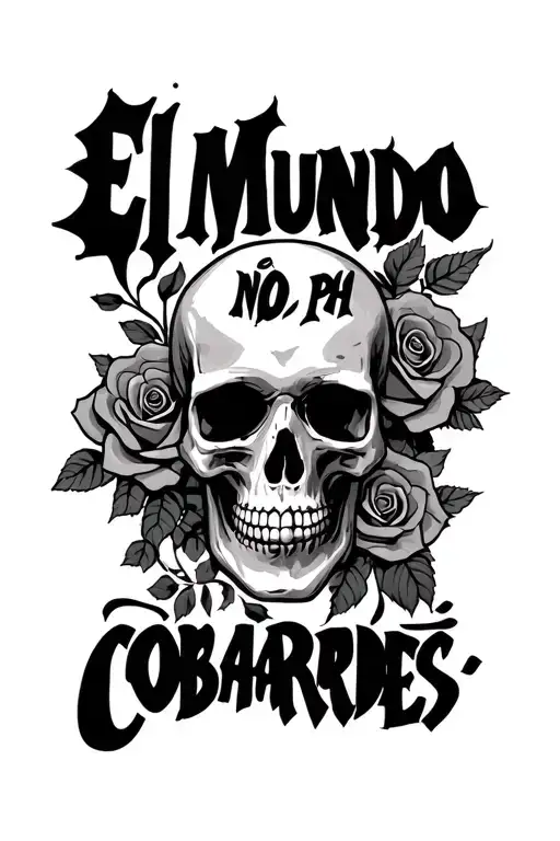 "EL MUNDO NO EH PA COBARDES" Upper arm-shoulder half-sleeve skull+roses; black&grey; 2:3 vertical; biceps wrap; stencil; no background tattoo design idea