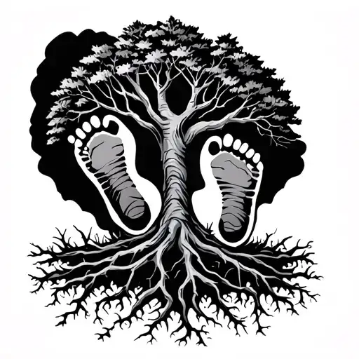 "Vigueur De Dessus" baby footprints with tree with roots reaching deep tattoo design idea