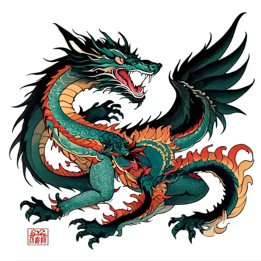 dragon with wings and wolf fighting demons tattoo design idea