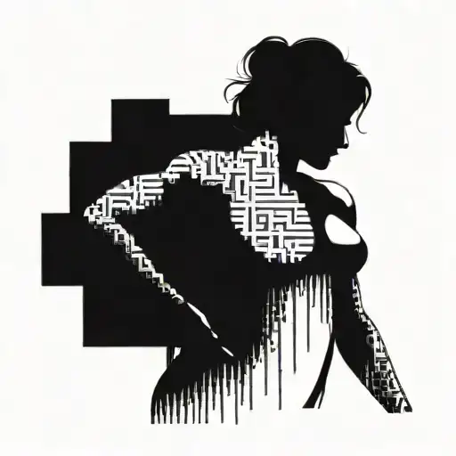 Combine women bodybuilding poses with binary code elements in a blackwork tattoo tattoo design idea