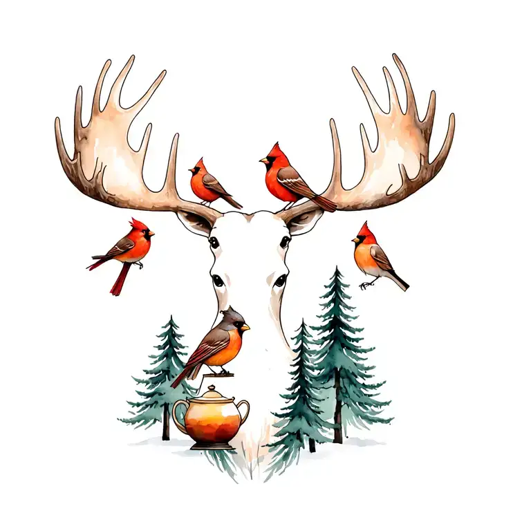 moose head  with cardinals and robin bird on antlers and quilt/tea pot and pine trees in background  tattoo design idea
