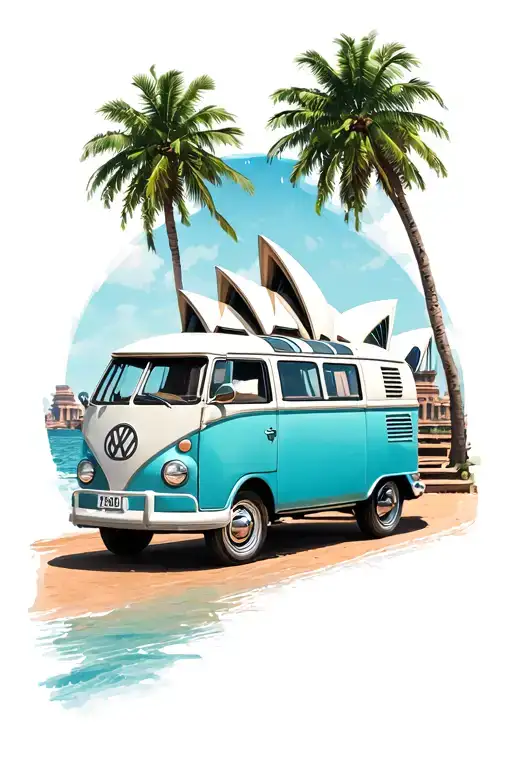 Sydney opera house, Angkor Watt temple, Classic Vespa, Classic VW camper van, palm trees tattoo design idea